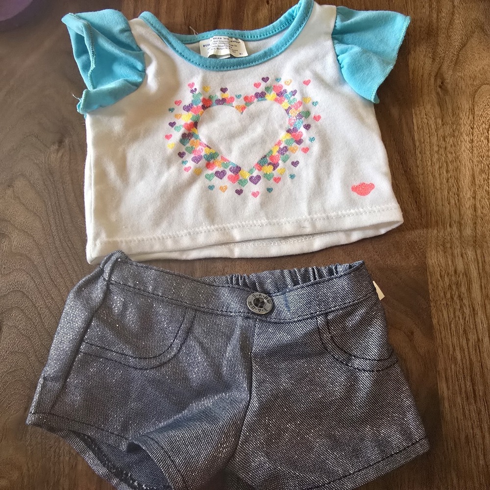 Build-A-Bear Heart Shirt & Metallic Shorts Doll Outfit Set White Blue Silver OS‎